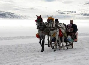 Çıldır Gölü üzerinde kızak keyfi!