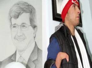 Olmayan elleriyle Davutoğlu'nun portresini çizdi