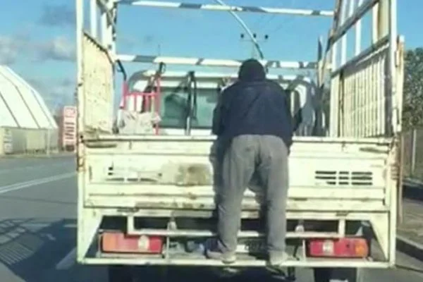 Kamyonetin arkasında tehlikeli yolculuk yürekli ağza getirdi