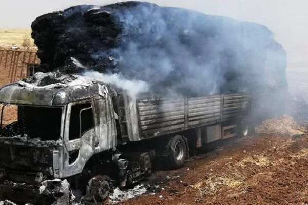 Mardin'de saman yüklü TIR yanarak küle döndü