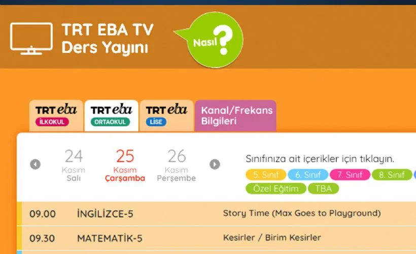 EBA ders saatleri 25 Kasım Çarşamba EBA TV canlı ders programı