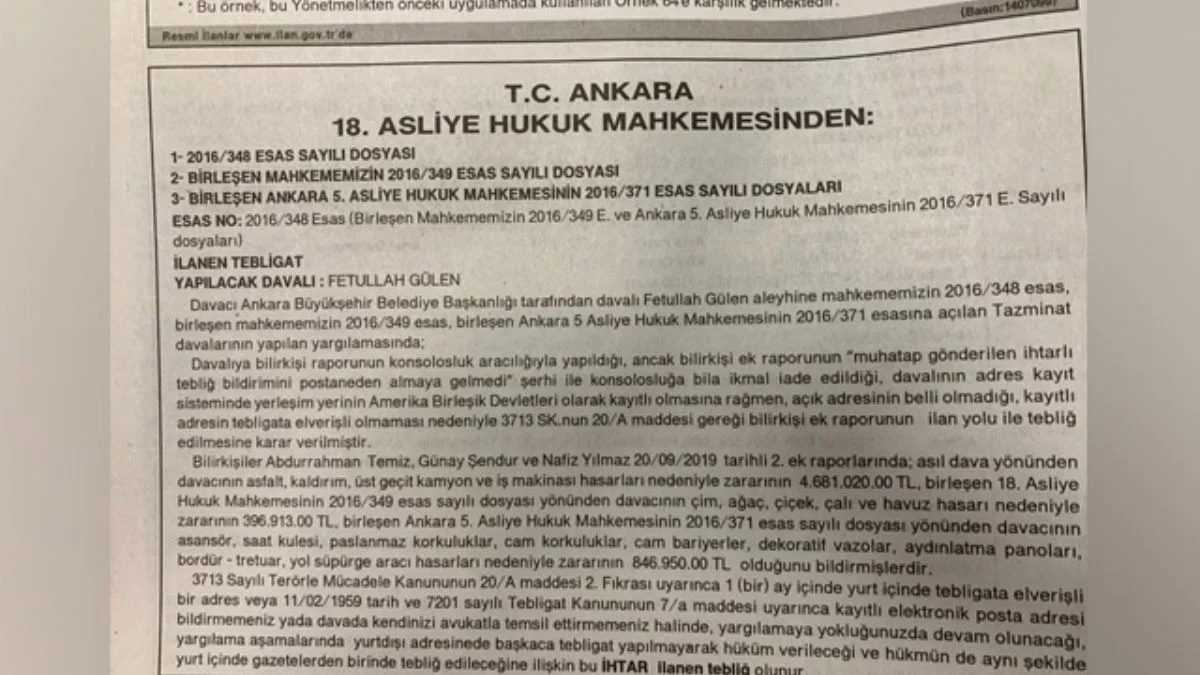 Mahkemeden FETÖ elebaşına 6 milyon liraya yakın tebligat ilanı