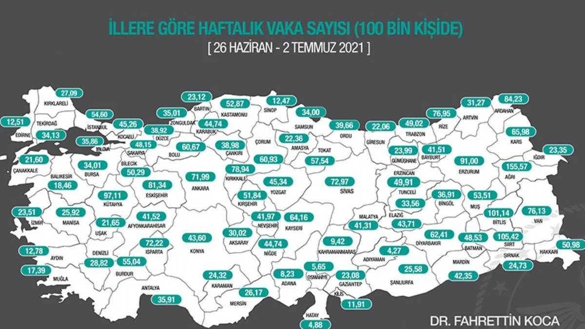 Son bir haftada vaka oranı en çok artan ve azalan iller