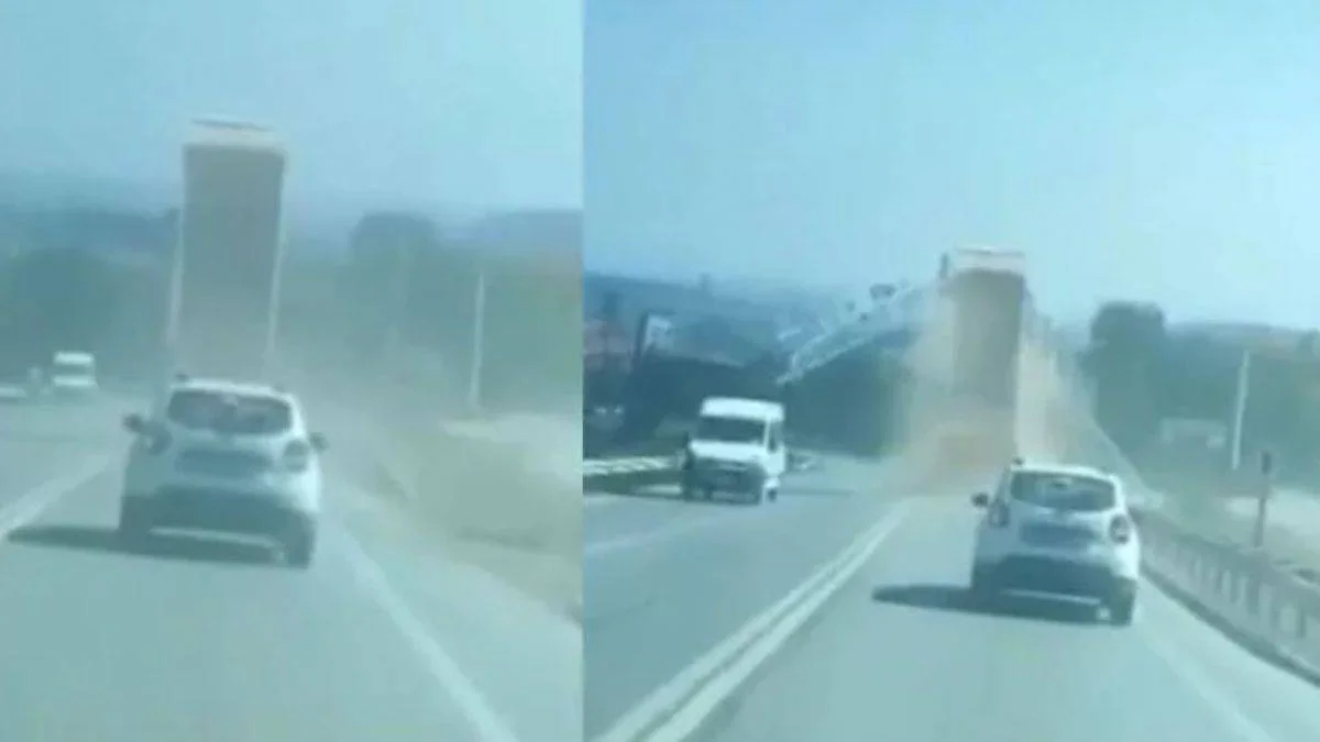 Kamyonun damperi açıldı, PTS direğini devirdi