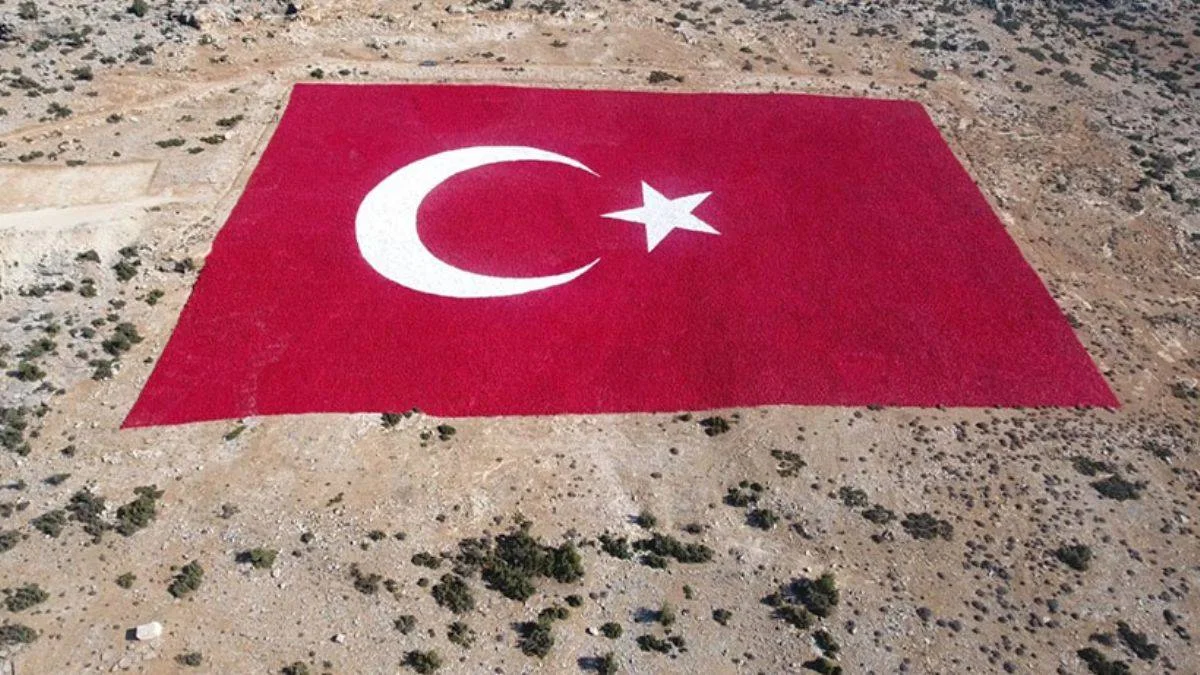 22 dönüm üzerindeki dev Türk bayrağı 40 günde boyandı