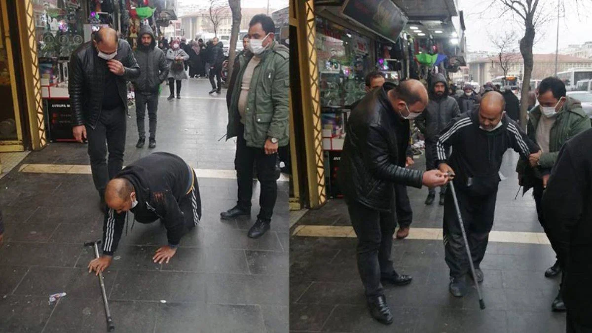 Engelli gibi davranan dilenci, zabıtayı görünce ayağa kalktı