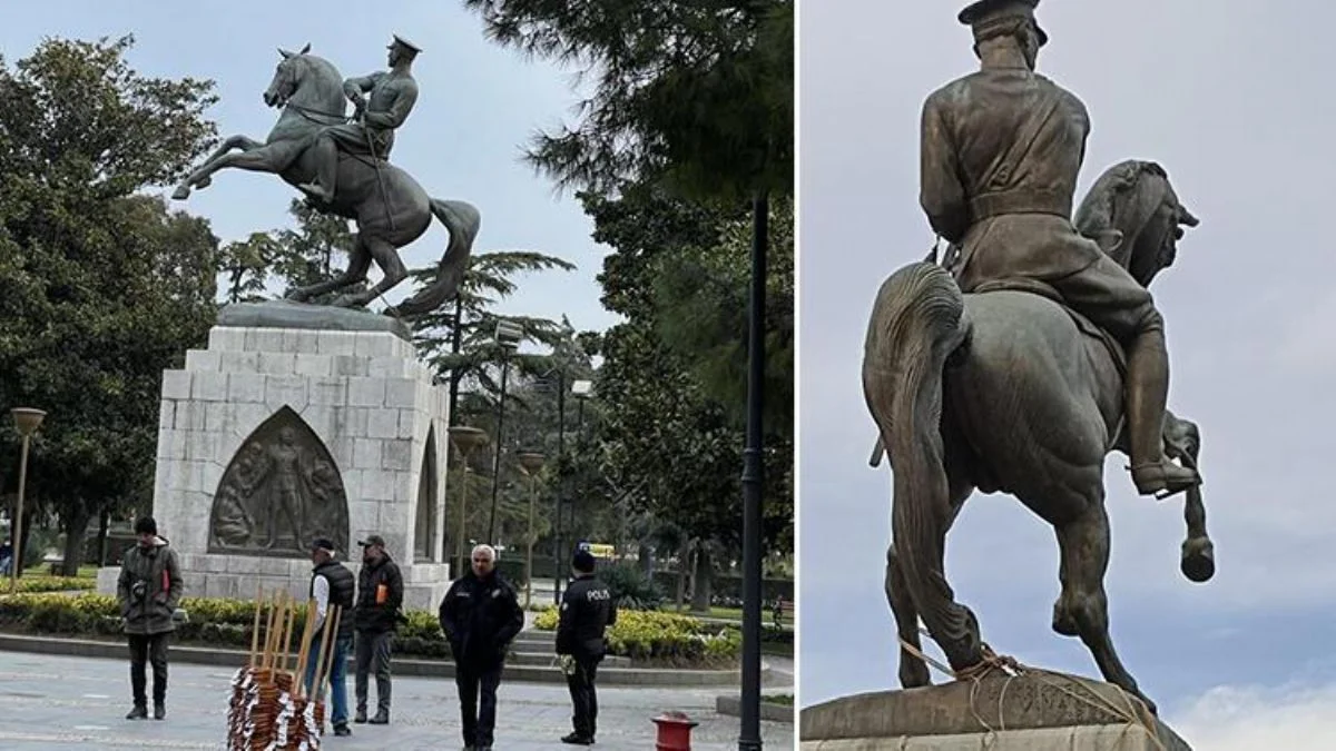 Atatürk Anıtı'na halat bağlayıp çekmeye çalıştılar