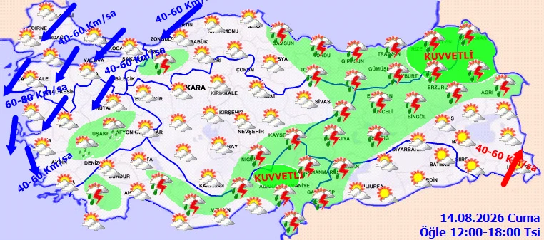 14 Ağustos bugünkü hava durumu: Kuvvetli yağış ve fırtına uyarısı!