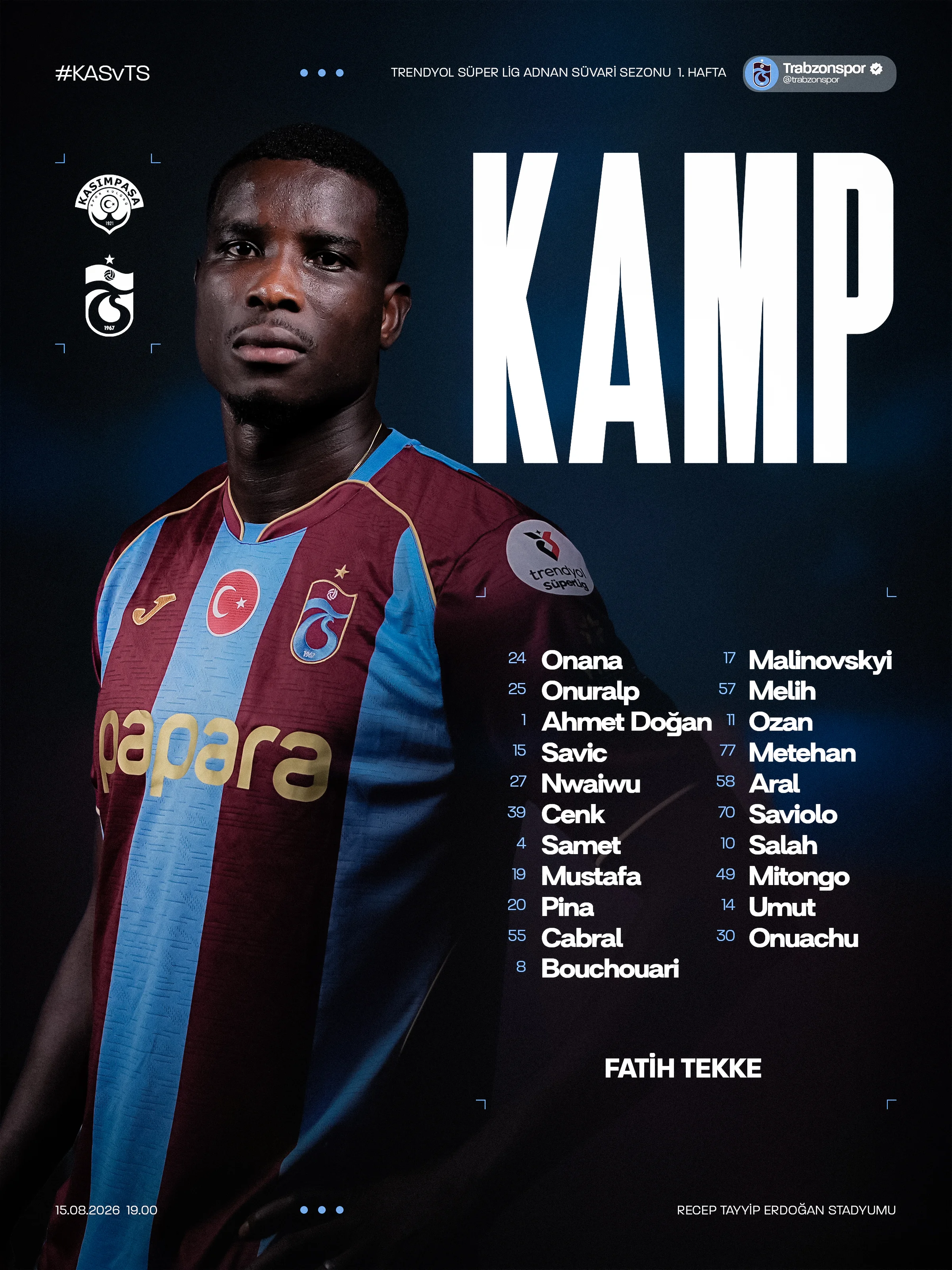 Trabzonspor'un Kasımpaşa kadrosu açıklandı: Salah kadroda, Muçi yok
