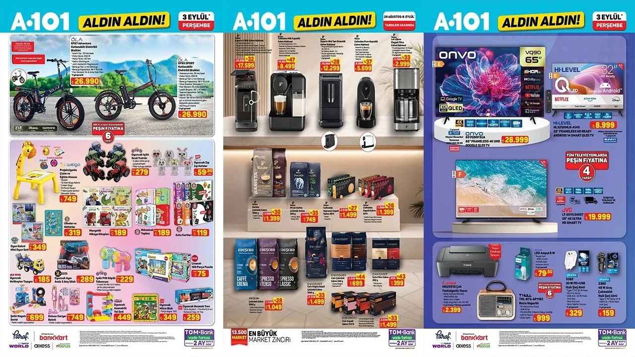 A101 3 Eylül aktüel kataloğu: QLED TV, motosiklet, mutfak ürünleri