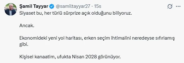 AK Partili Şamil Tayyar: Erken seçim ihtimali sıfır, 2028'i işaret etti