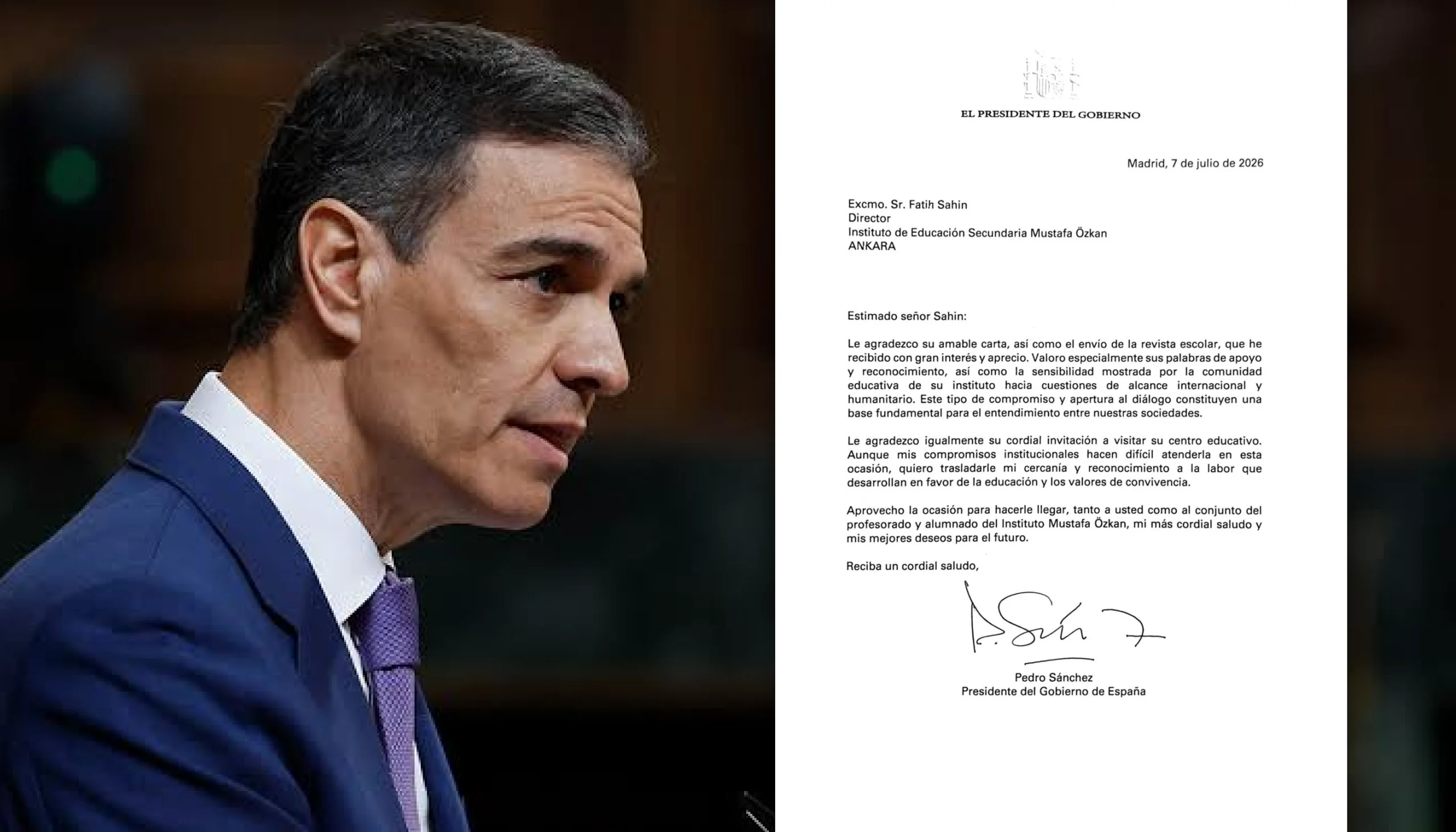 Başbakan Sanchez'den Türkiye’deki liseye mektup