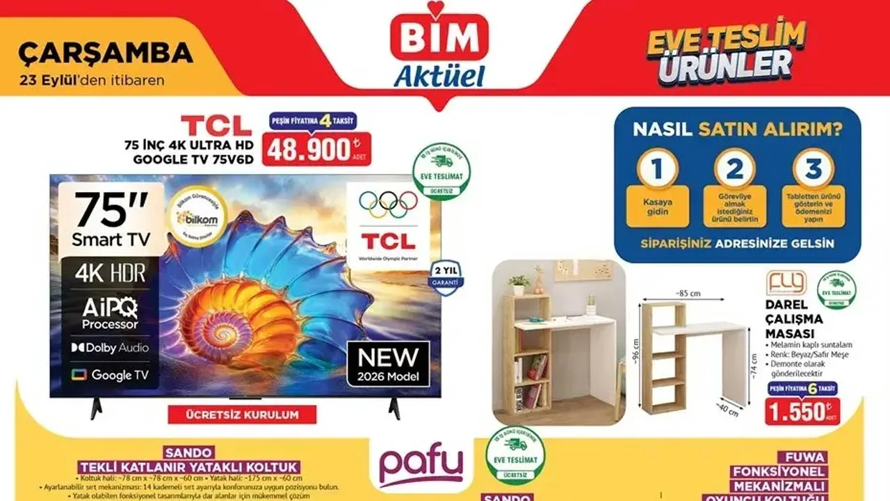 BİM 23 Eylül aktüel indirim kataloğu: 4K TCL TV ve koltuk takımı geldi