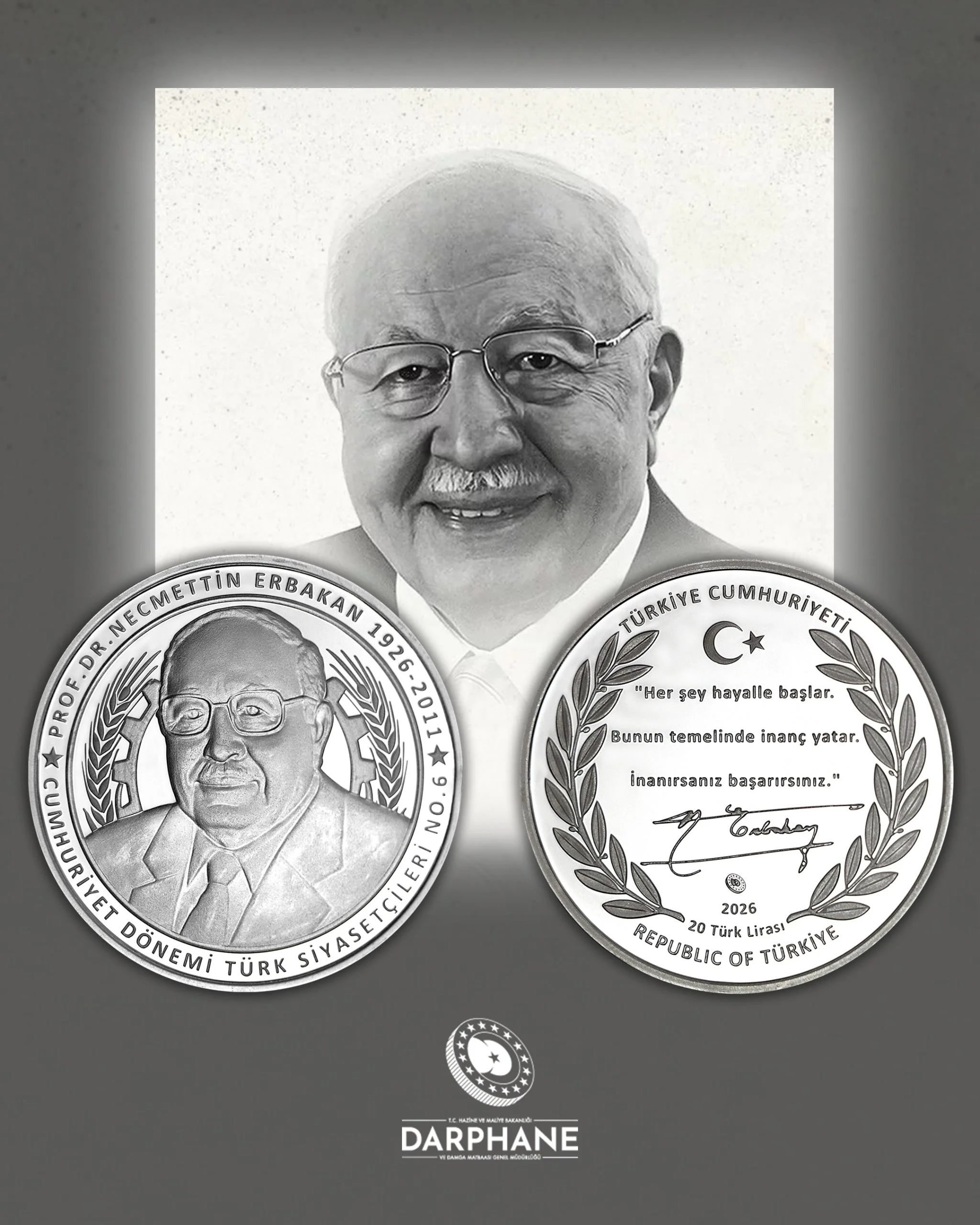 Milli Görüş lideri Prof. Dr. Necmettin Erbakan için gümüş hatıra parası basıldı