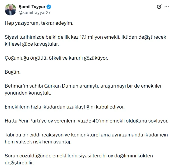 Şamil Tayyar: 17.1 Milyon emekli iktidarı değiştirecek güçte