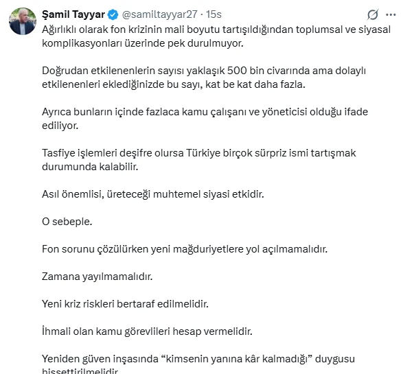 Şamil Tayyar'dan dikkat çeken fon paylaşımı: Doğrudan etkilenen 500 bin kişi