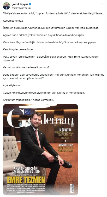 Şamil Tayyar'dan fon krizinde Emre Tezmen sorusu