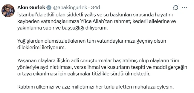 Adalet Bakanı Gürlek: İstanbul'daki su baskınları için soruşturma başlatıldı