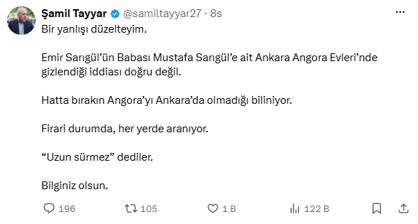 Şamil Tayyar’dan Emir Sarıgül açıklaması: “Ankara’da değil”
